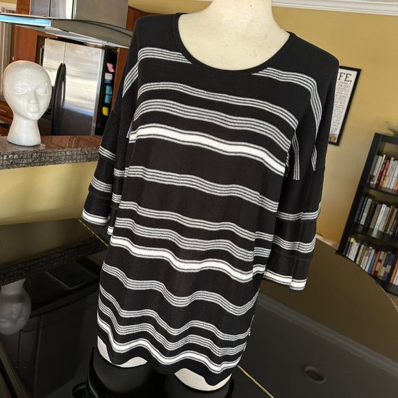 Calvin Klein Black & White Stripe Ruffled Bell Sleeve Scoop Neck Tunic Sweater - Picture 9 of 12